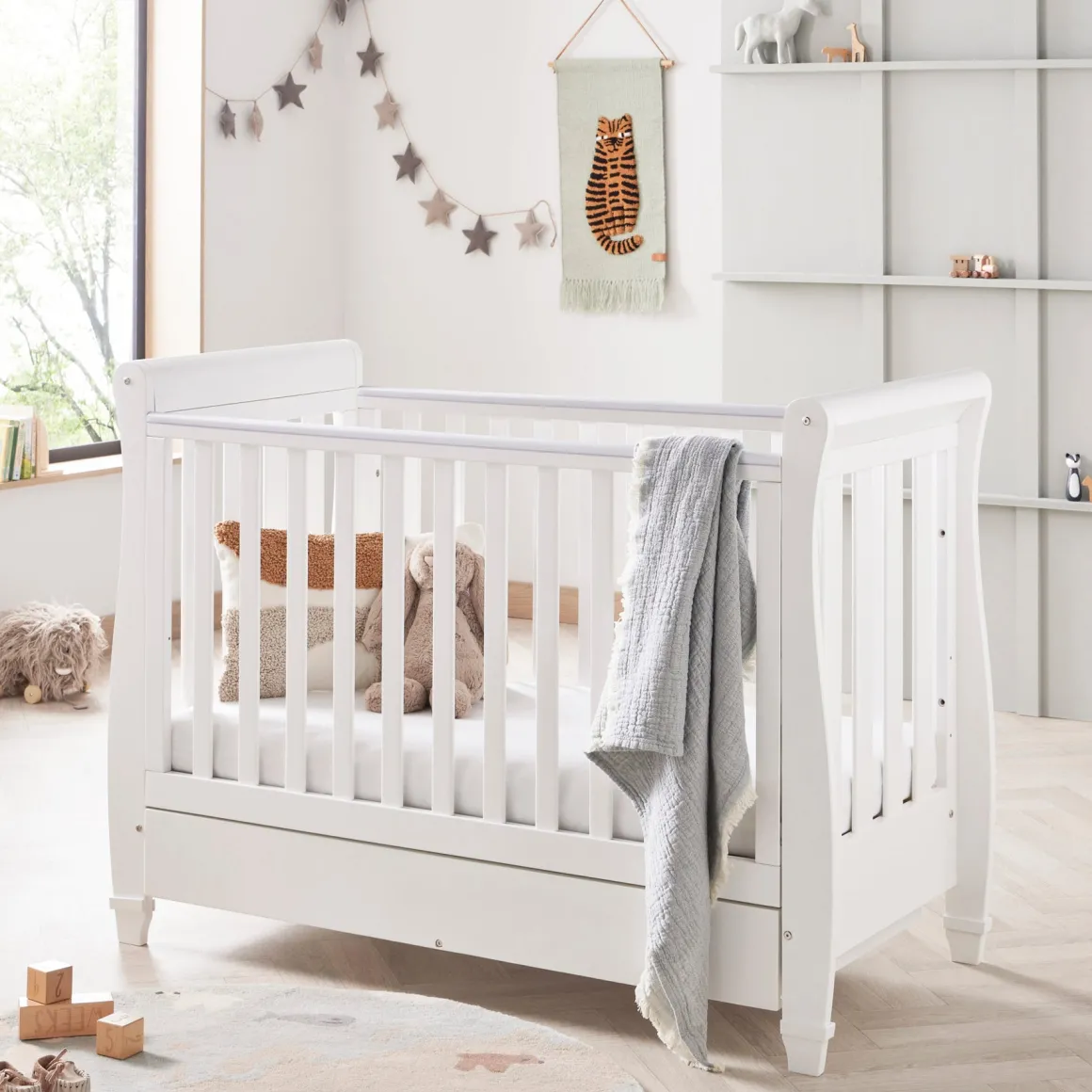 Babymore Eva Sleigh Cot Bed Dropside with Drawer