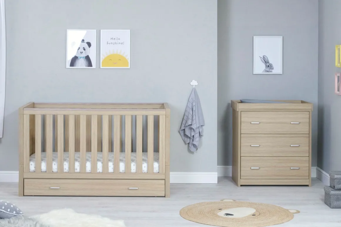 Babymore Luno Oak Room Set 2 piece - Cot Bed with drawer & Chest