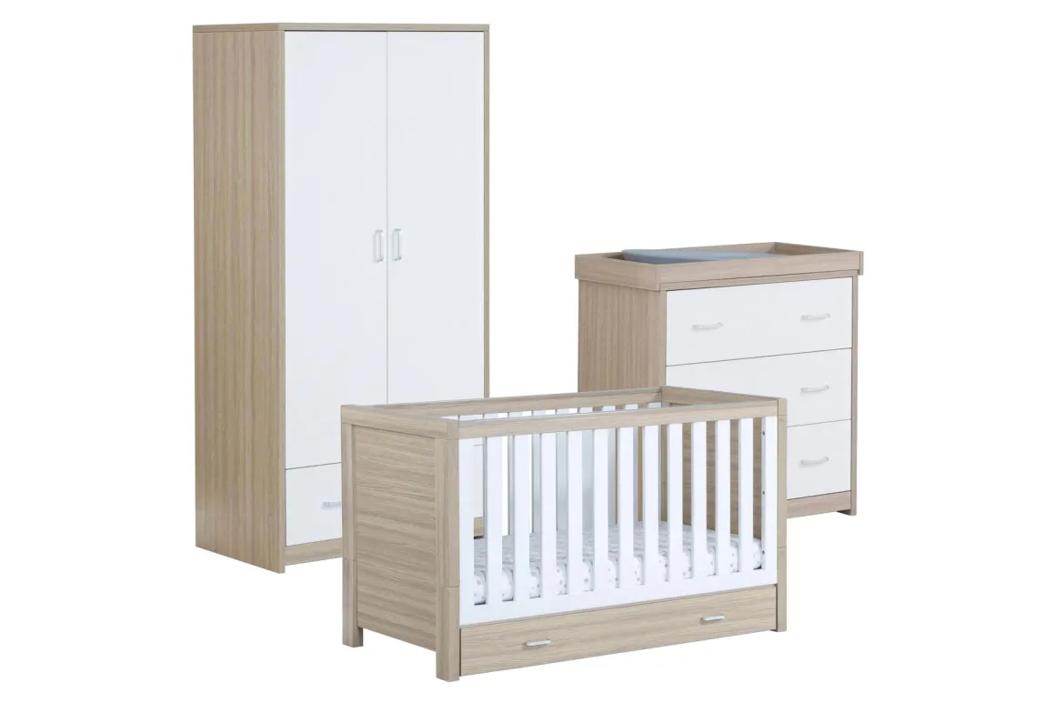 Babymore Luno White Oak Room Set 3 piece - Cot Bed with drawer, Chest, & Wardrobe