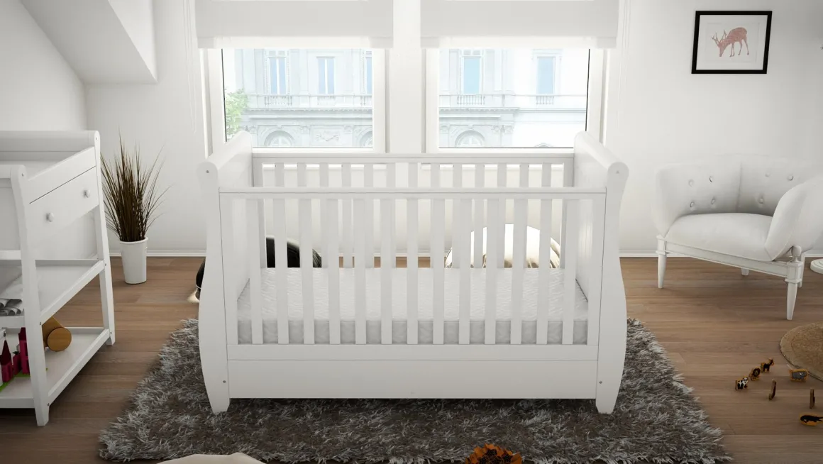 Babymore Stella Sleigh Drop Side Cot Bed - White