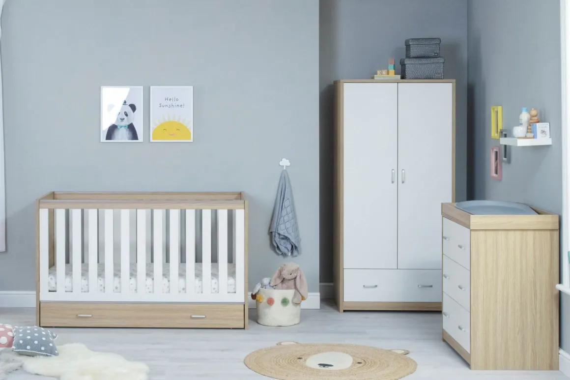 Babymore Veni White Oak Room set 3 pieces - Cot Bed with drawer, Chest & Wardrobe
