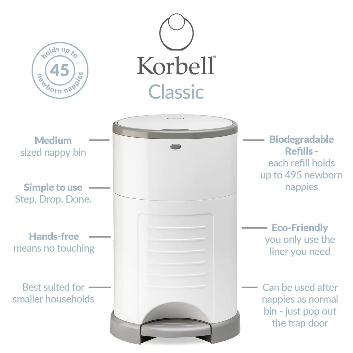 Korbell - Classic - Nappy Bin 16 litres - Odour Free Nappy Disposal