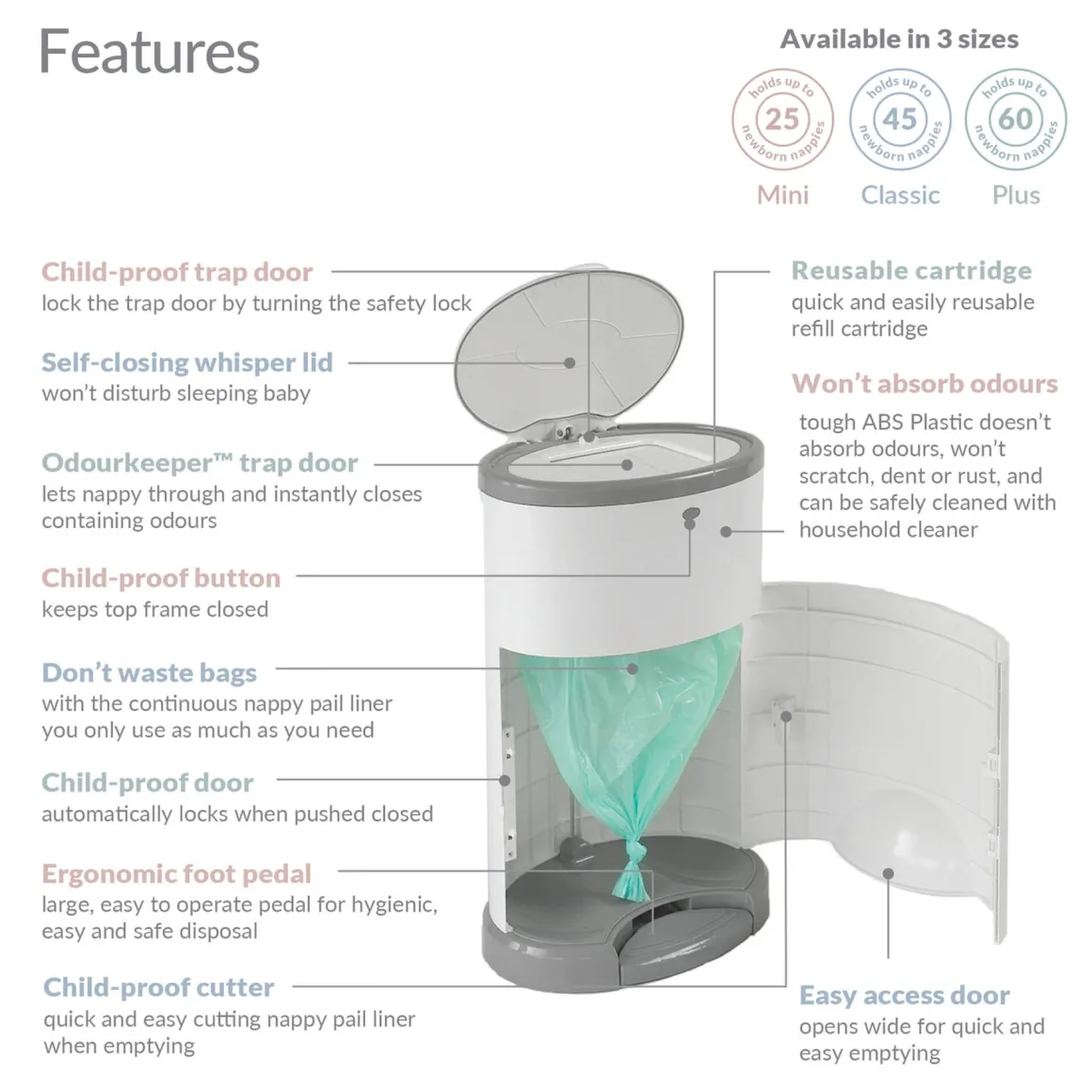Korbell - Classic - Nappy Bin 16 litres - Odour Free Nappy Disposal