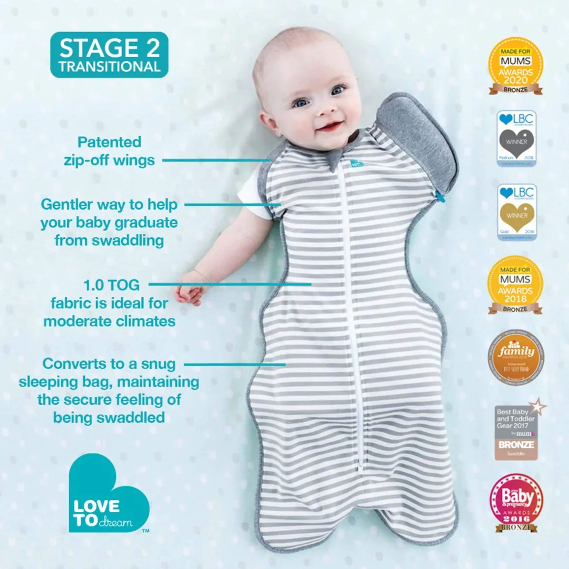 Love To Dream - Swaddle UP - Original - 1.0 TOG - Large - Mint Stripe