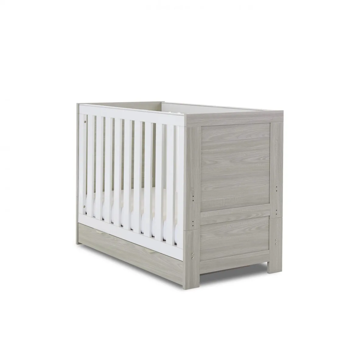 Obaby Nika Cot Bed & Under Drawer - GREY WASH & WHITE
